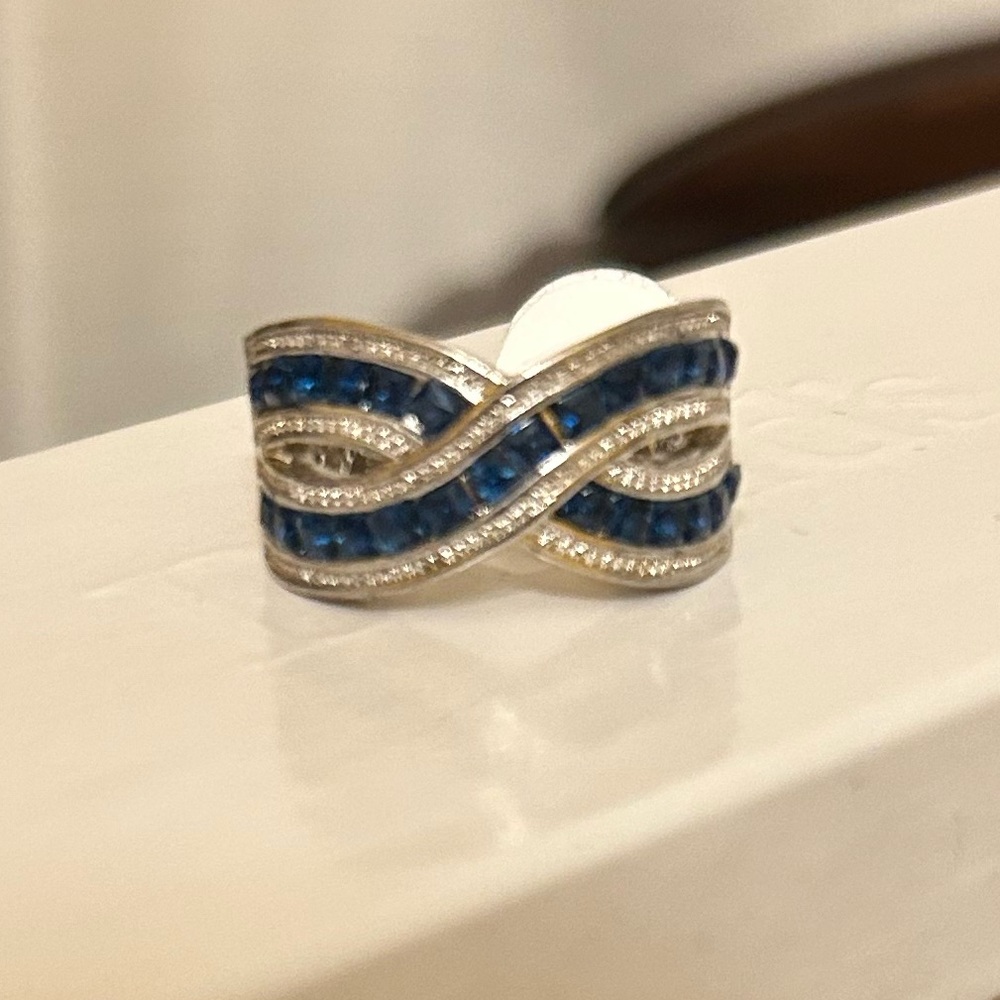 Vintage Size 7 Silver Tone and Blue Sapphire CZ Wave Ring